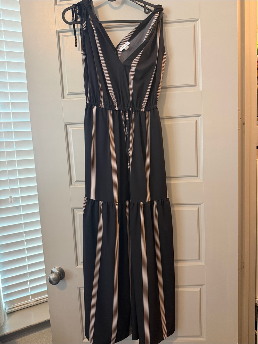 Calvin Klein Black Maxi Dress with Cream Vertical Stripes